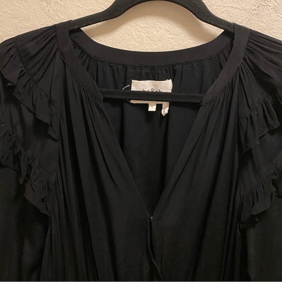 Ba&Sh Black Long Sleeve Ruffle Detail Split Neck Crossover Mini Dress Size L - Picture 3 of 10